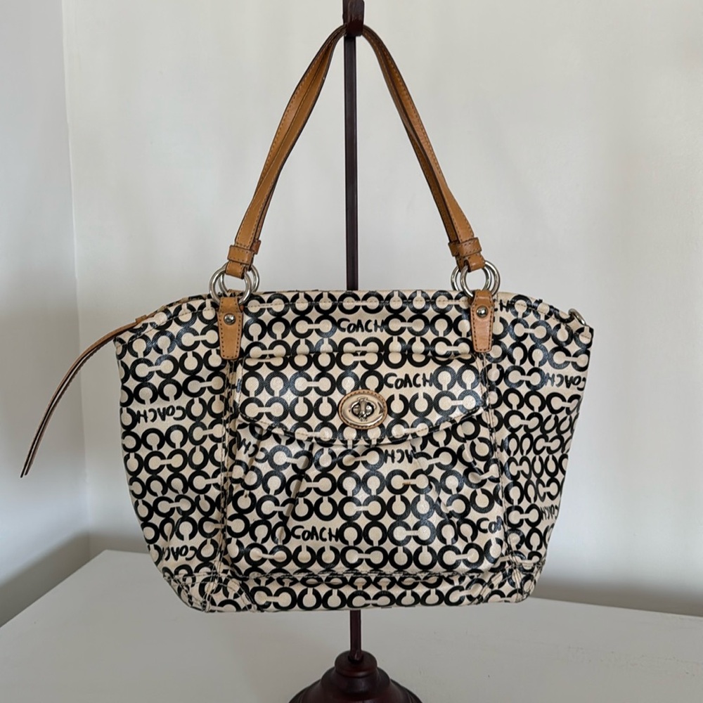 Vintage Coach Leah Op Art Signature Cream Tan Coated Canvas Tote Bag J0868-13142